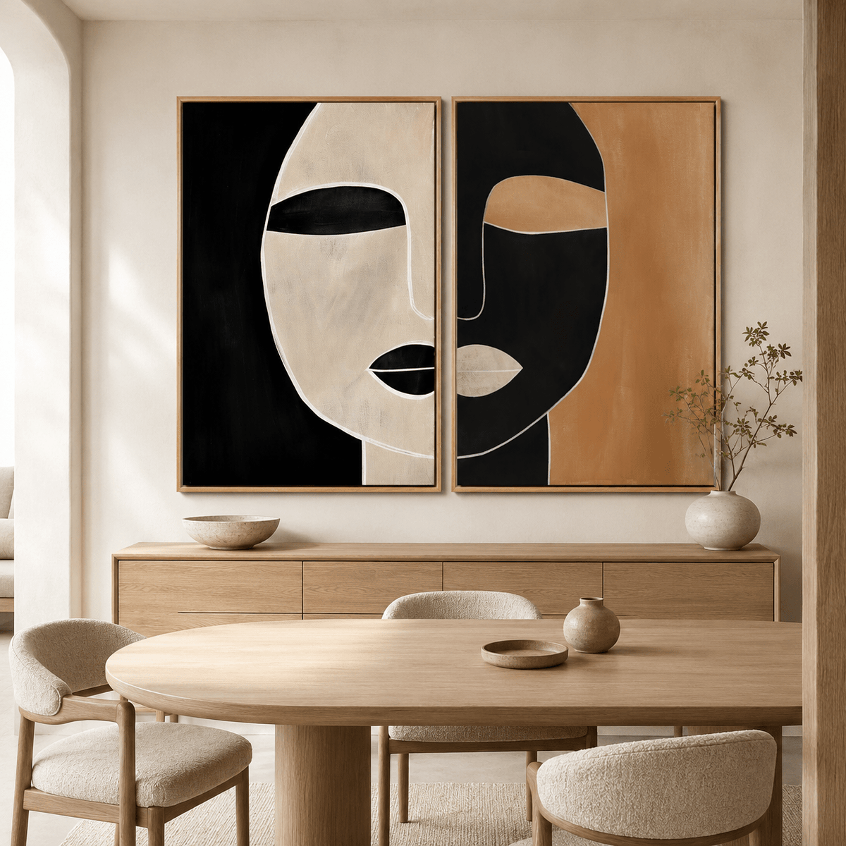 Diptych wall art hung above a sideboard in a dining room – Terracotta Reverie by Rossetti Art
