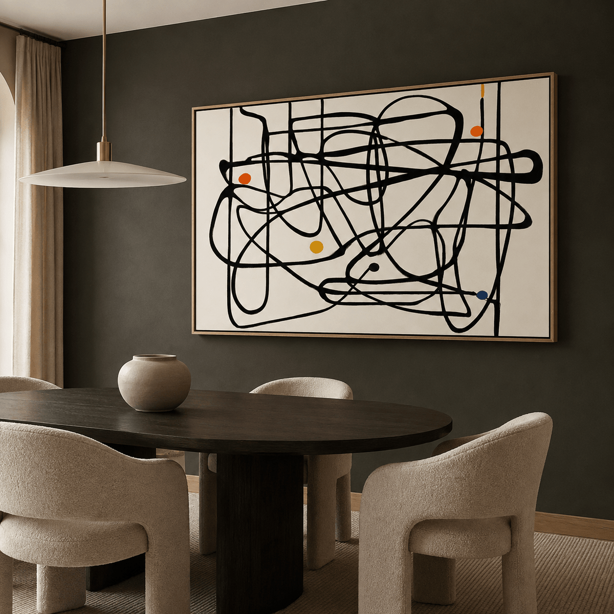 Tangled Orbit doodle wall art canvas print on a dark green wall in a dining room
