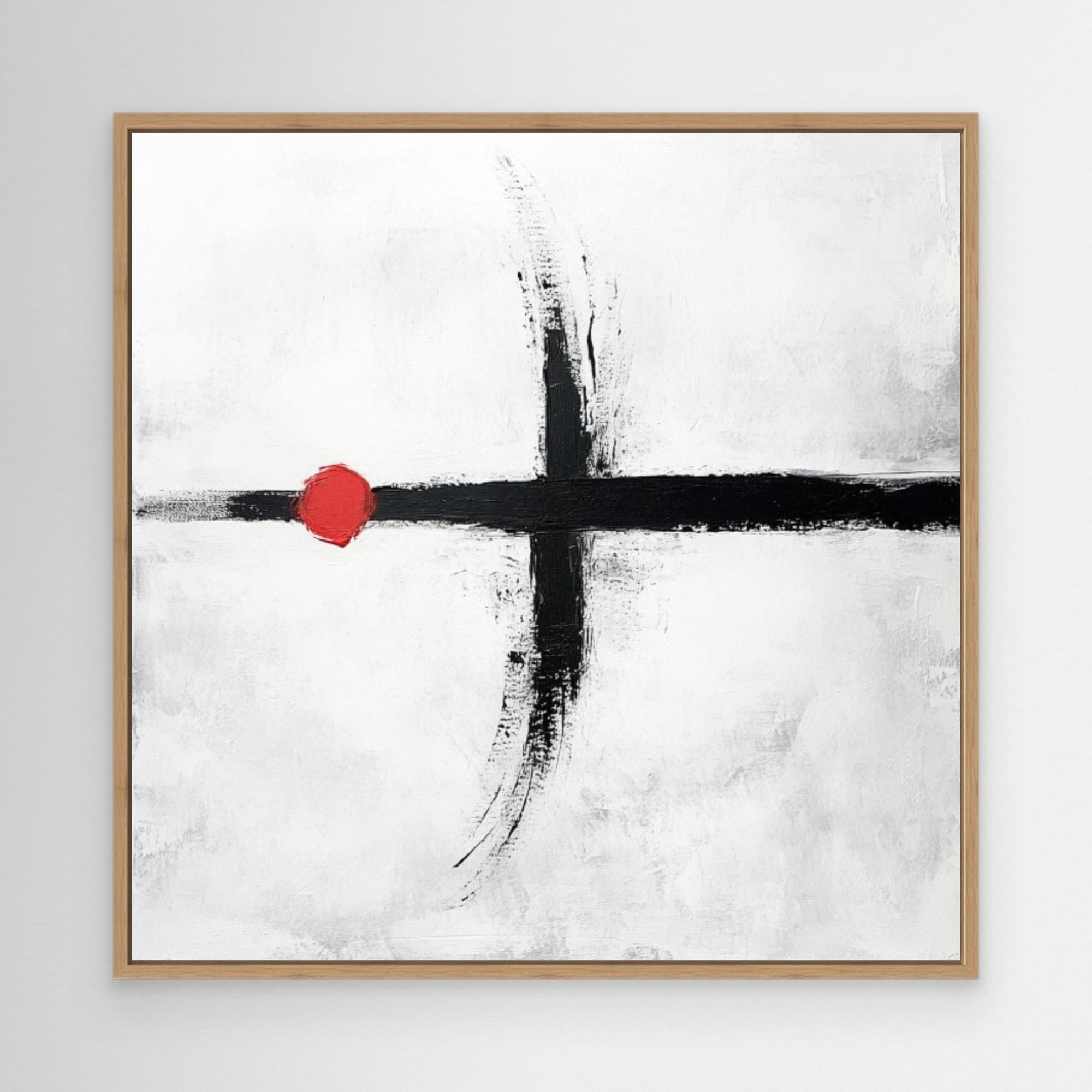 “Minimalist abstract art print with bold black strokes and a red dot on a white background in a wooden frame.”