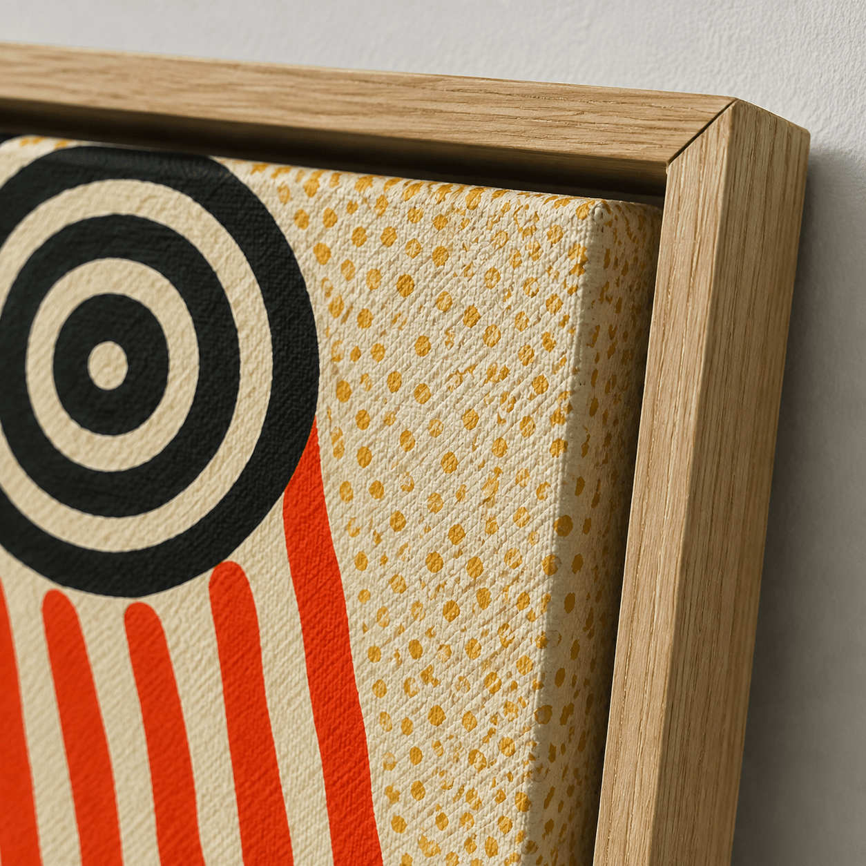 Close-up corner detail of the Spiral Sentinels canvas print showing the oak float frame and archival pigment ink texture on artist-grade canvas