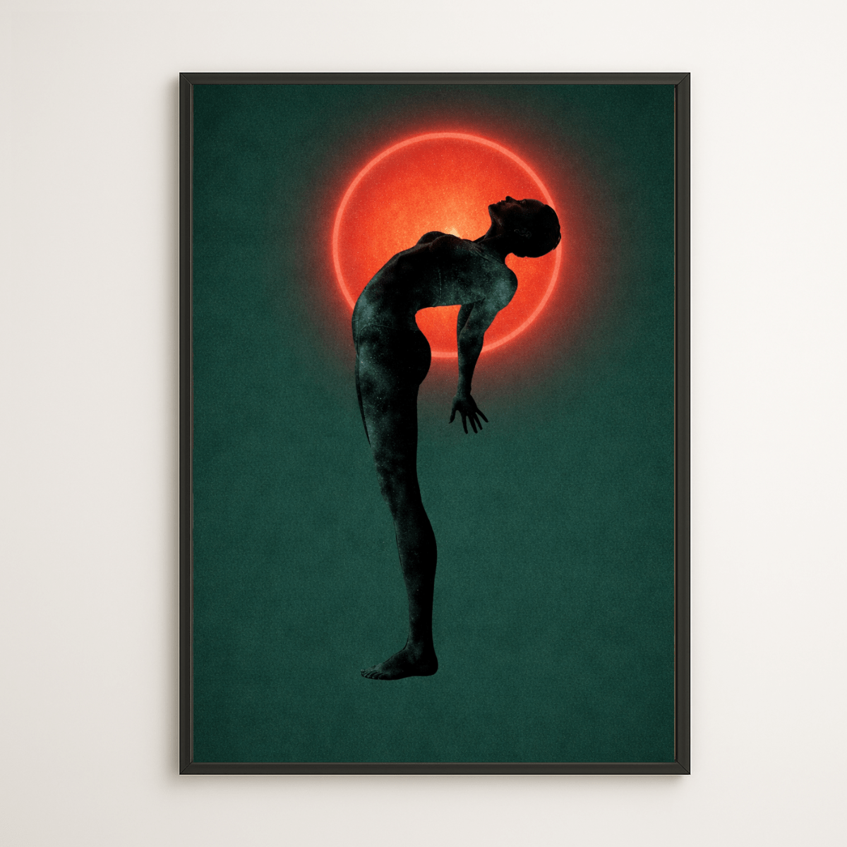 Eclipse Ascension Surreal Canvas Print – Teal & Crimson Halo Figure Wall Art modern abstract canvas wall art by Rossetti Art – luxury interior design artwork for living room, bedroom, office – figurative modern abstract modern abstract artwork