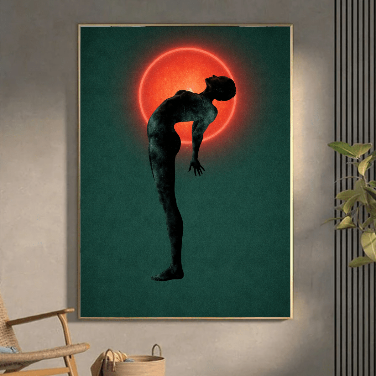 Eclipse Ascension Surreal Canvas Print – Teal & Crimson Halo Figure Wall Art modern abstract canvas wall art by Rossetti Art – luxury interior design artwork for living room, bedroom, office – figurative modern abstract modern abstract artwork