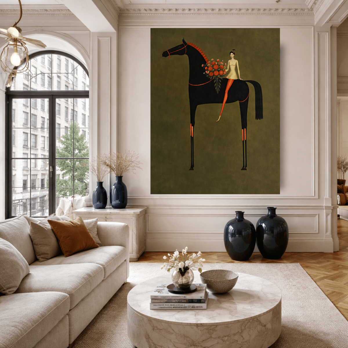 Elegant Woman on Black Horse Canvas Print – Surreal Floral Equestrian Wall Art, Luxury Modern Decor | Rossetti Art modern abstract canvas wall art by Rossetti Art – luxury interior design artwork for living room, bedroom, office – animals figurative modern abstract