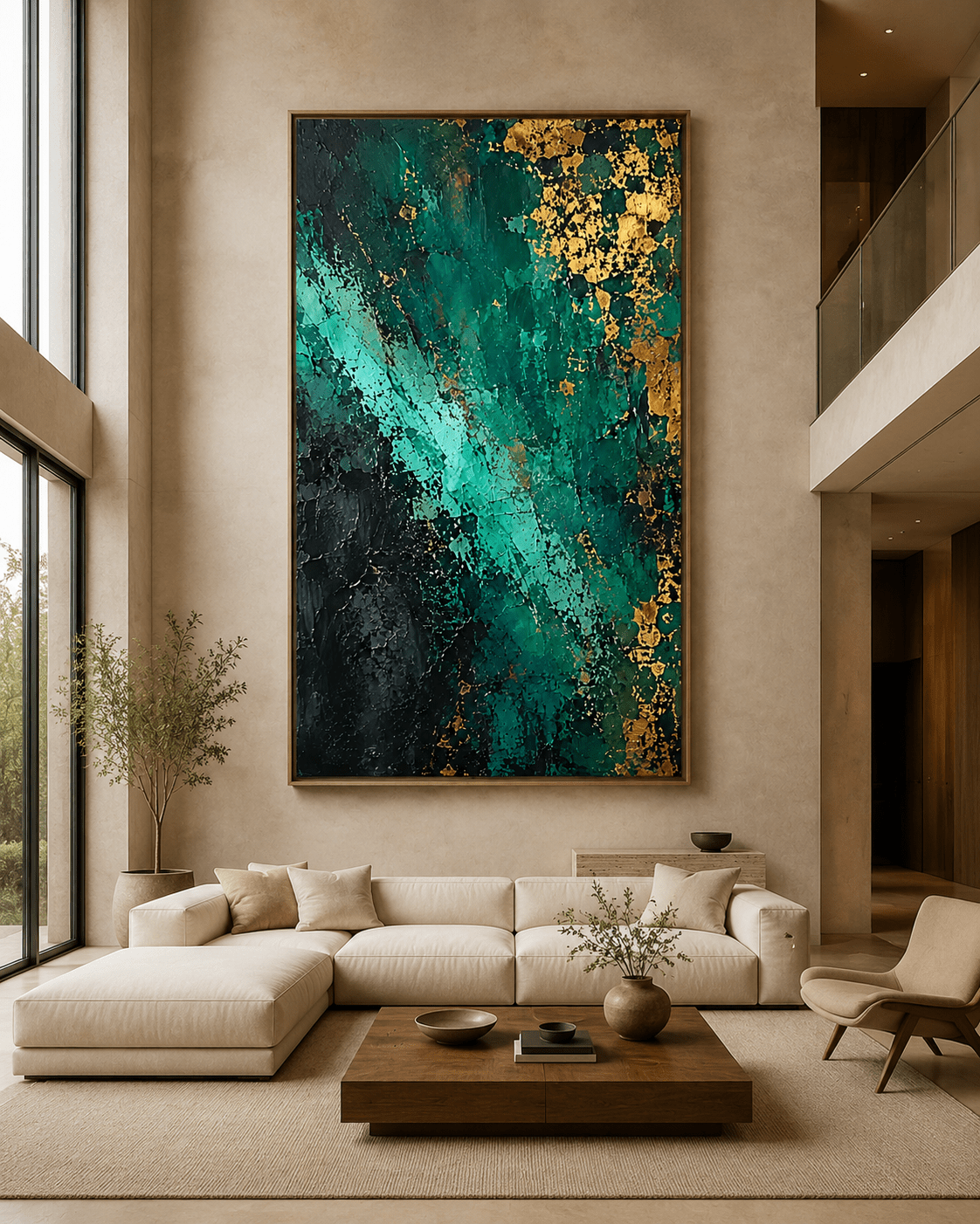 Emerald green painting above a beige sectional sofa in a bright living room – Emerald Undertow by Rossetti Art