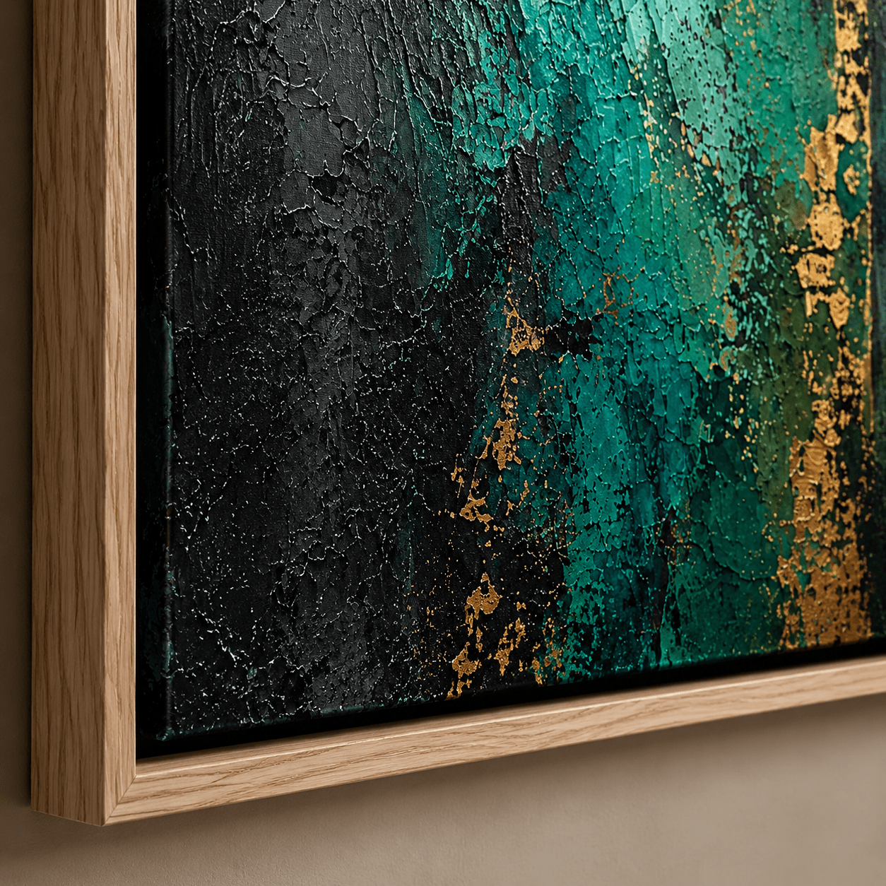 Close-up detail of palette-knife texture and gold leaf accents on the emerald green painting – Emerald Undertow by Rossetti Art