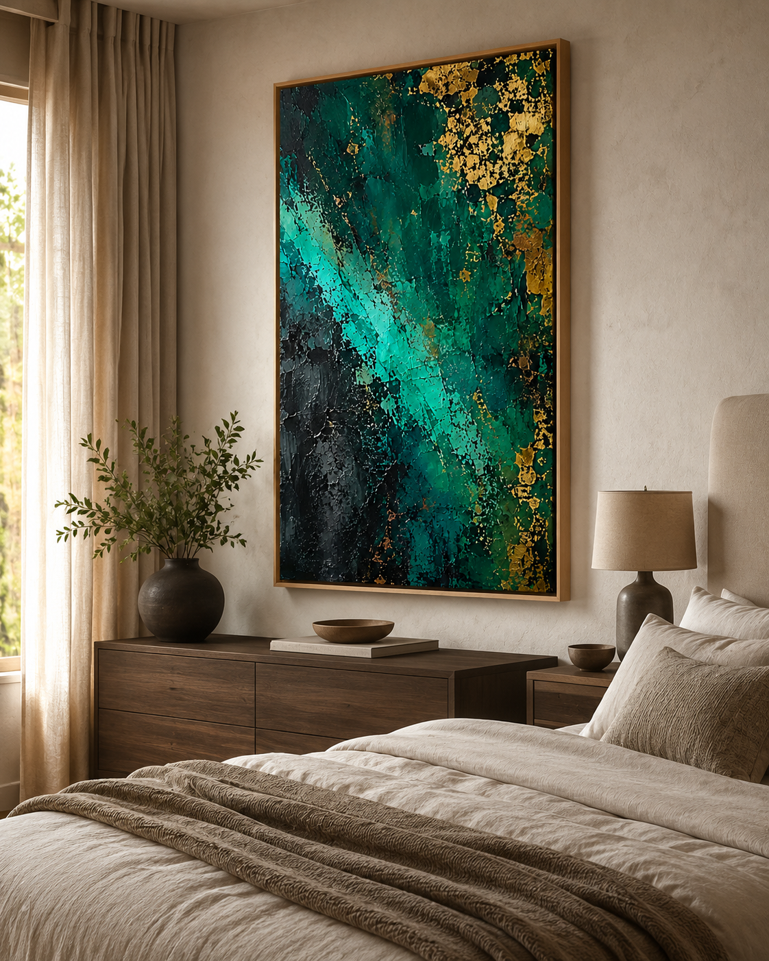 Emerald green painting above a wooden dresser in a warm-toned bedroom – Emerald Undertow by Rossetti Art
