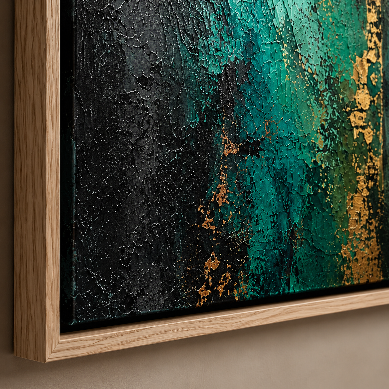 Close-up detail of palette-knife texture and gold leaf accents on the emerald green painting – Emerald Undertow by Rossetti Art