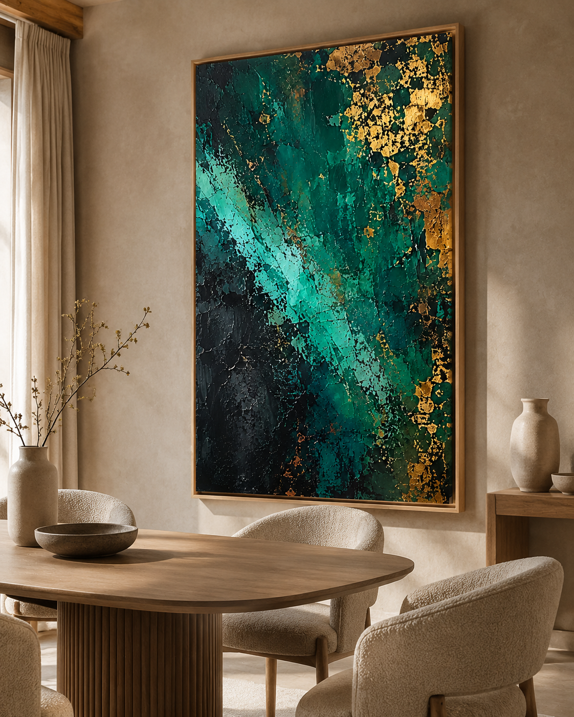 Emerald green painting displayed above a wooden dining table with upholstered chairs – Emerald Undertow by Rossetti Art