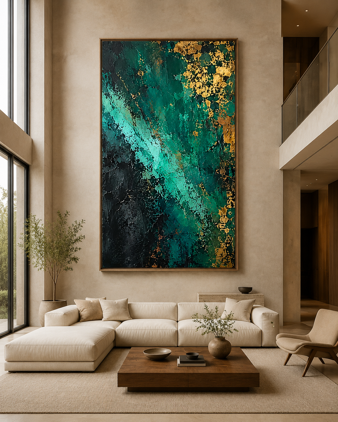Emerald green painting above a beige sectional sofa in a bright living room – Emerald Undertow by Rossetti Art