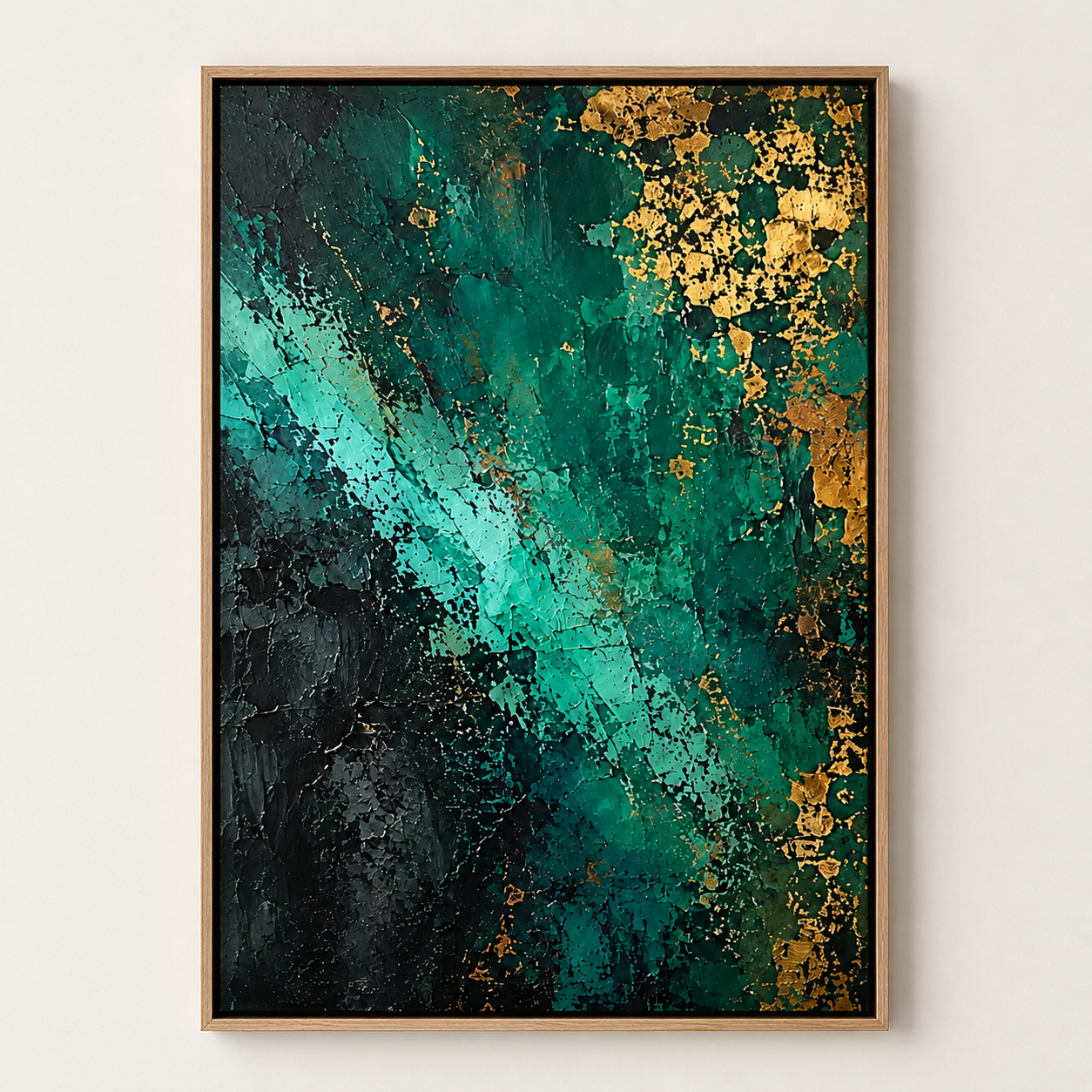 Emerald green painting with black textured ground and gold leaf accents – Emerald Undertow by Rossetti Art