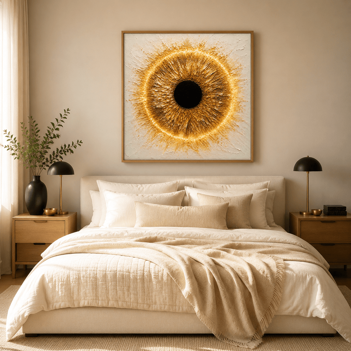 Eye painting abstract canvas print in an oak frame above a bedroom headboard — Solar Iris by Rossetti Art