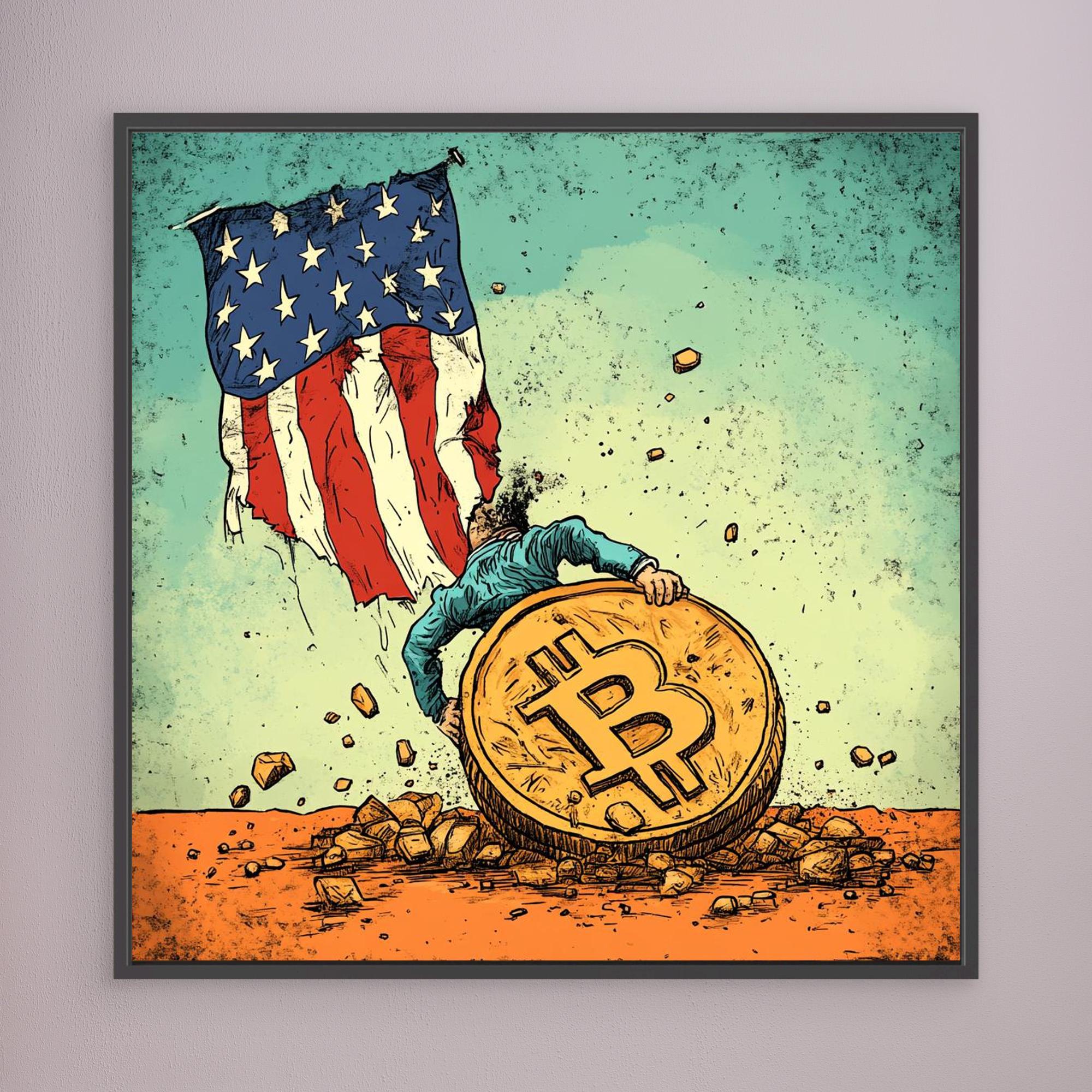 Canvas Print : Bitcoin vs. Tradition: Bold Political Satire Print Artwork