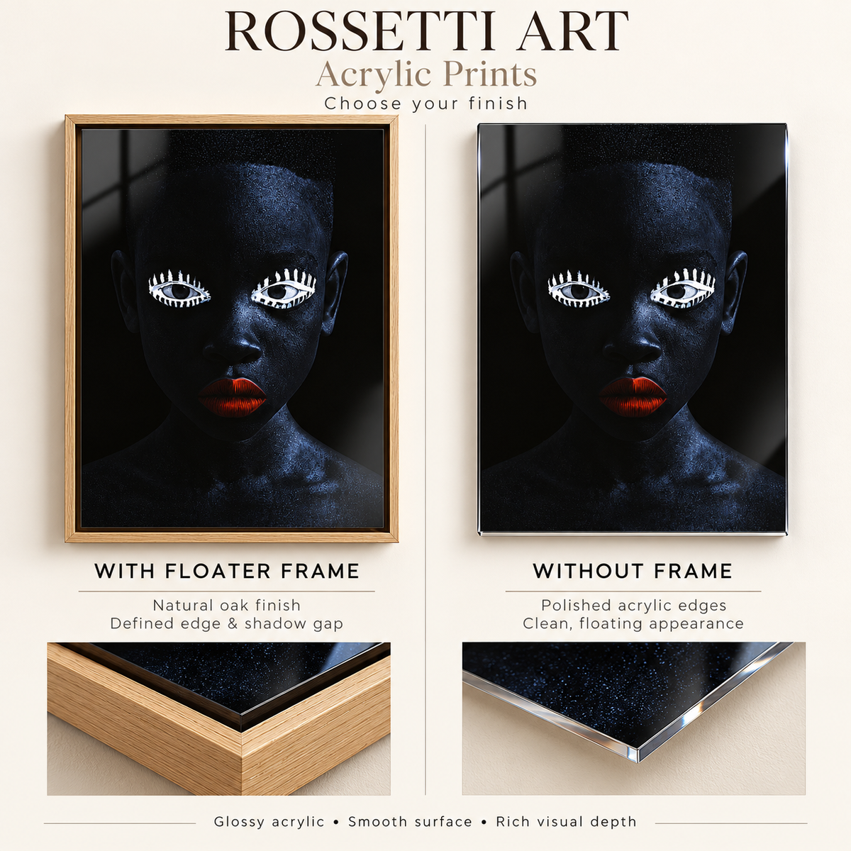 Face Wall Art – Night Gaze acrylic print framed vs frameless by Rossetti Art