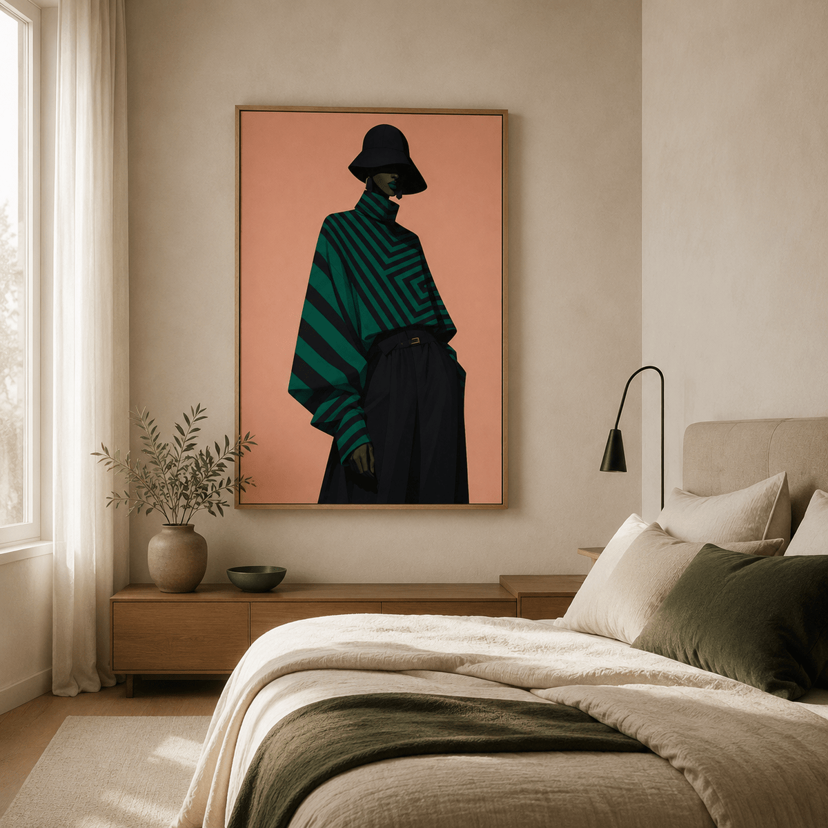 Fashion pop art canvas print displayed above a bed in a bedroom