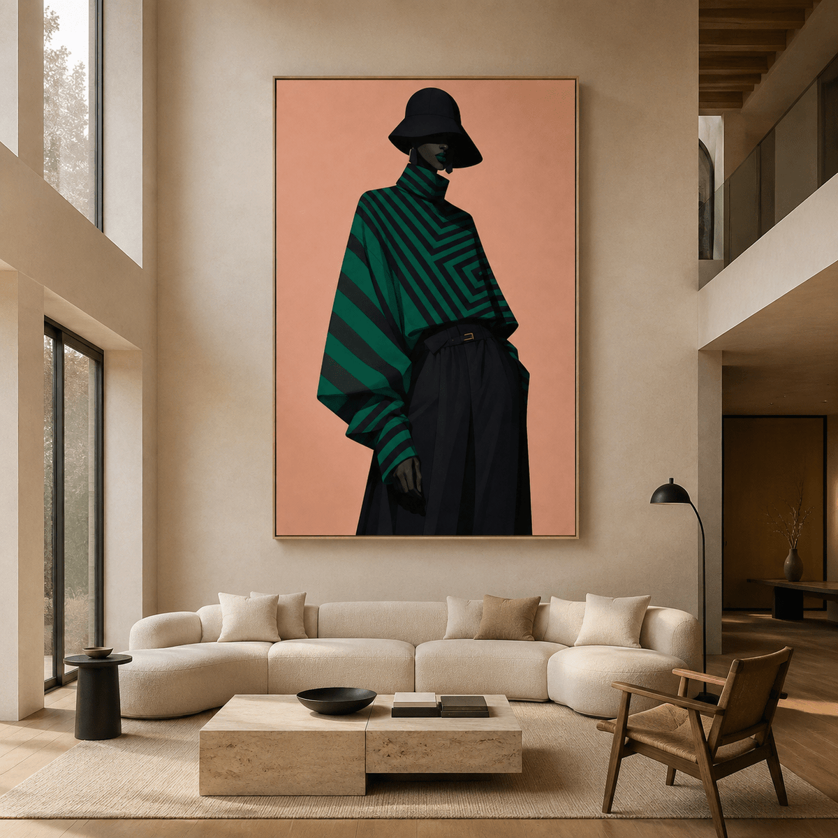 Fashion pop art canvas print, Emerald Cadence, displayed above a sofa in a modern living room