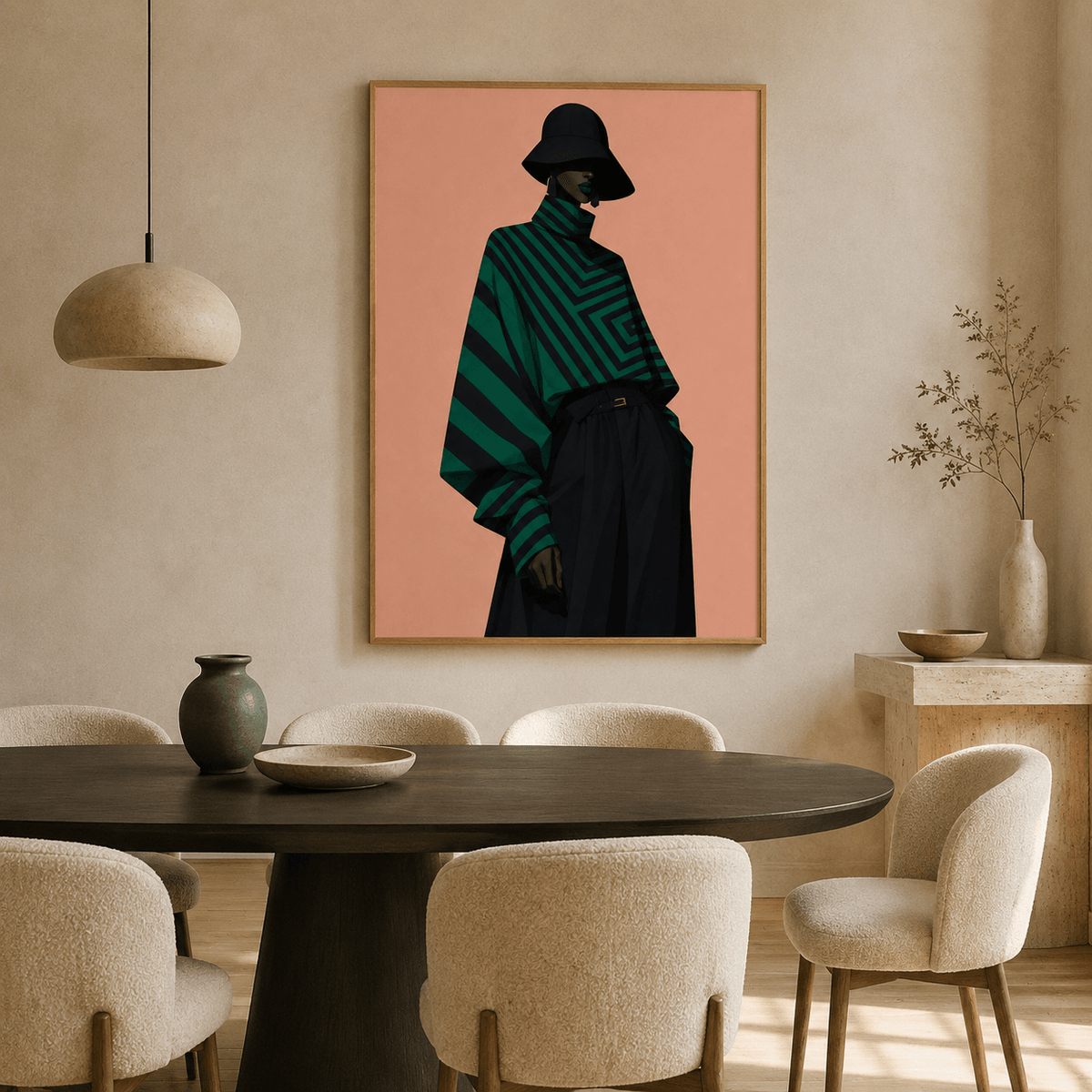 Fashion pop art canvas print hung above a dining table