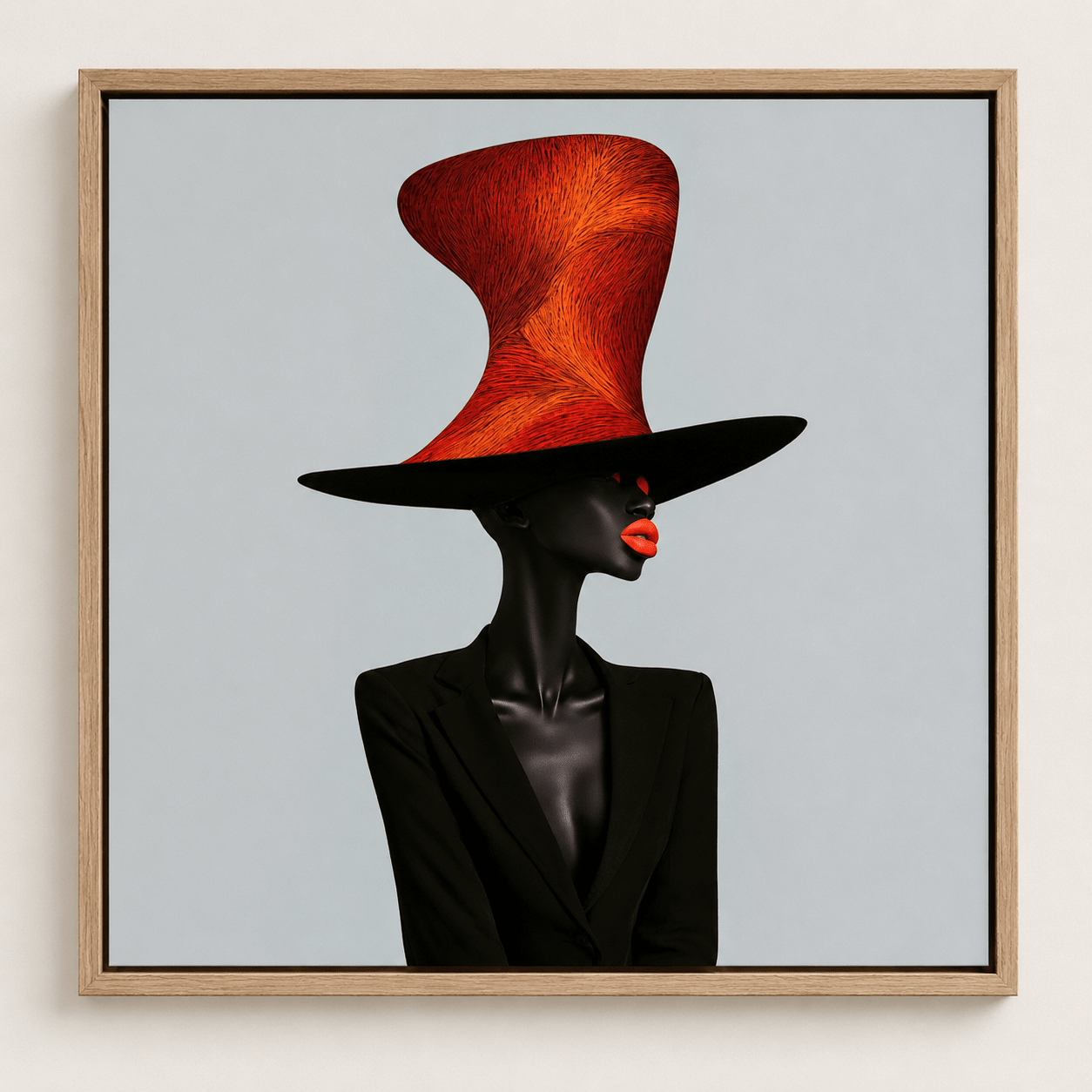 The Scarlet Hat contemporary fashion portrait wall art in black, scarlet red and burnt orange