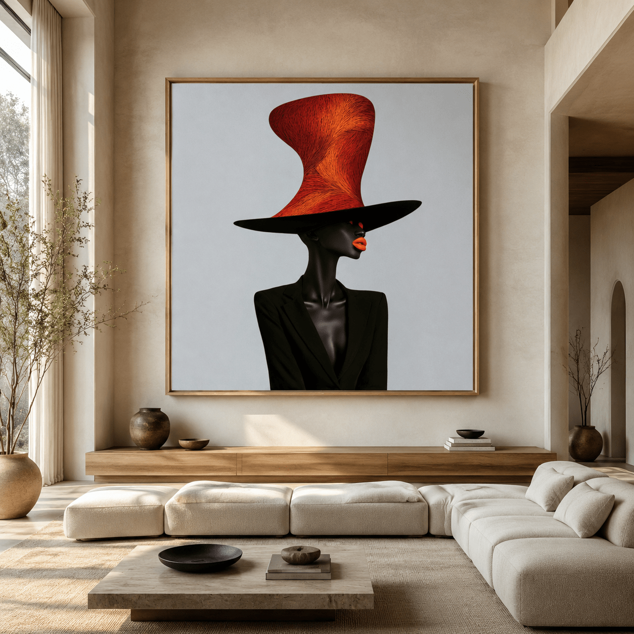 The Scarlet Hat contemporary fashion portrait wall art in black, scarlet red and burnt orange