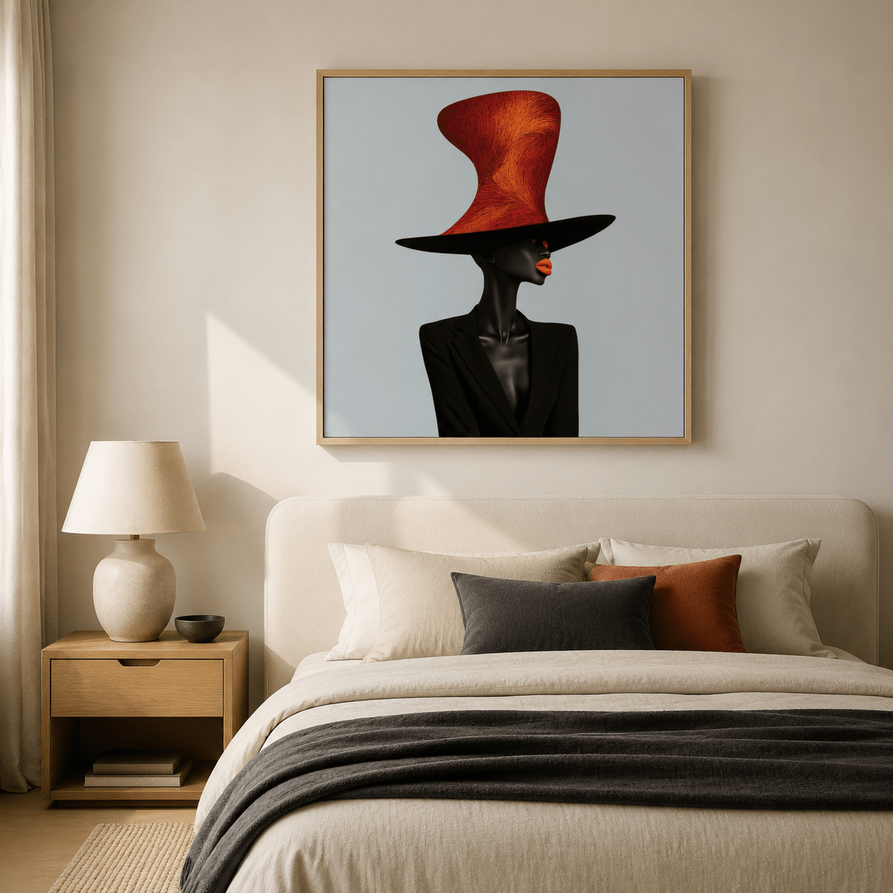 The Scarlet Hat contemporary fashion portrait wall art in black, scarlet red and burnt orange