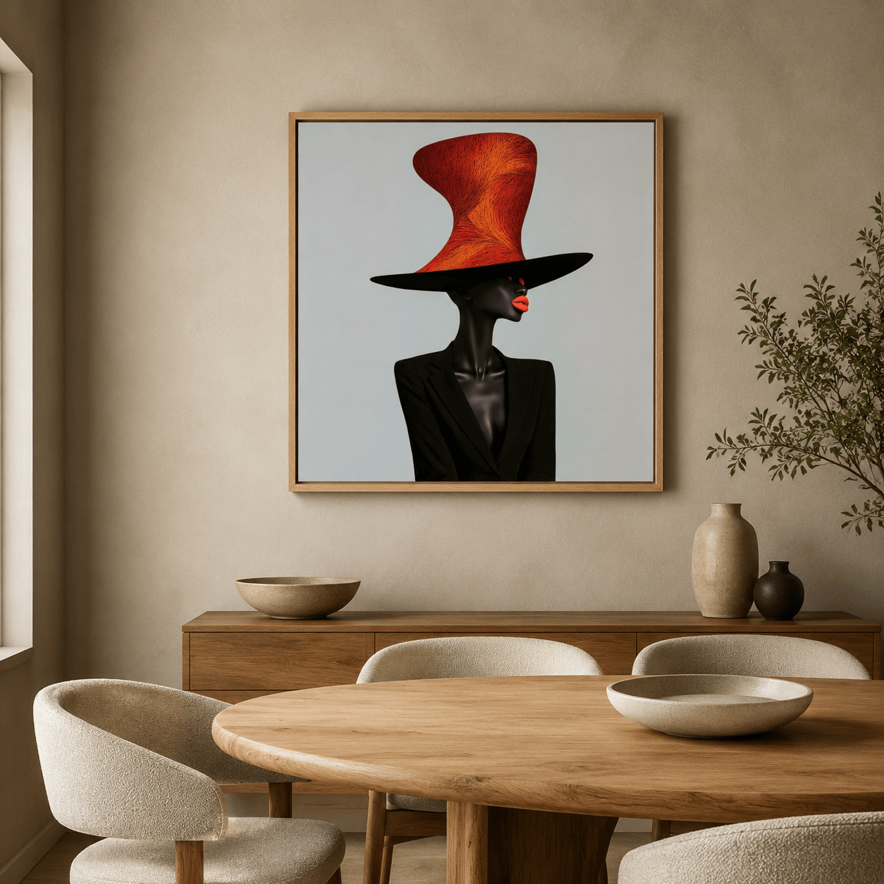 The Scarlet Hat contemporary fashion portrait wall art in black, scarlet red and burnt orange