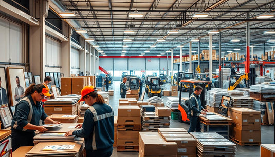 A bustling scene of shipping and support at the Rossetti Art studio. In the foreground, a team of efficient couriers carefully package artwork, with an array of protective materials and shipping labels. The middle ground showcases a modern, well-organized call center, where friendly customer service representatives assist clients with returns and technical queries. In the background, a state-of-the-art logistics hub hums with activity, with forklifts maneuvering pallets and automated sorting systems ensurin