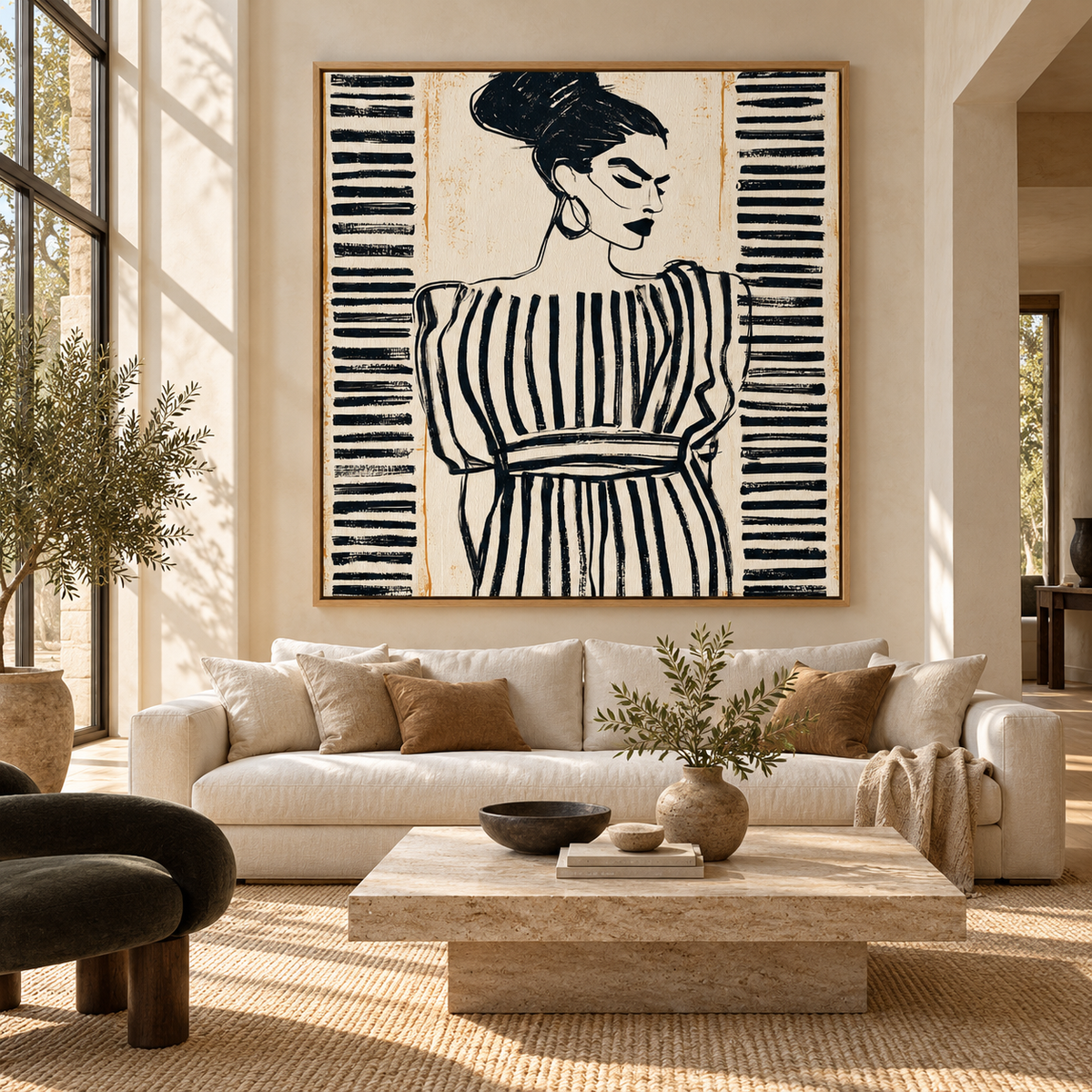 Feminine Wall Art – Striped Resolve by Rossetti Art, large canvas print above a cream sofa in a sunlit living room