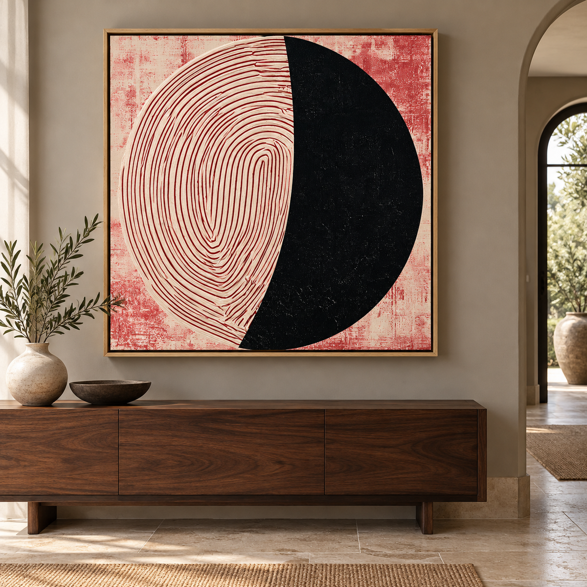 Fingerprint Wall Art Canvas Print – Fingerprint Eclipse by Rossetti Art, square spiral and crescent canvas in an entryway