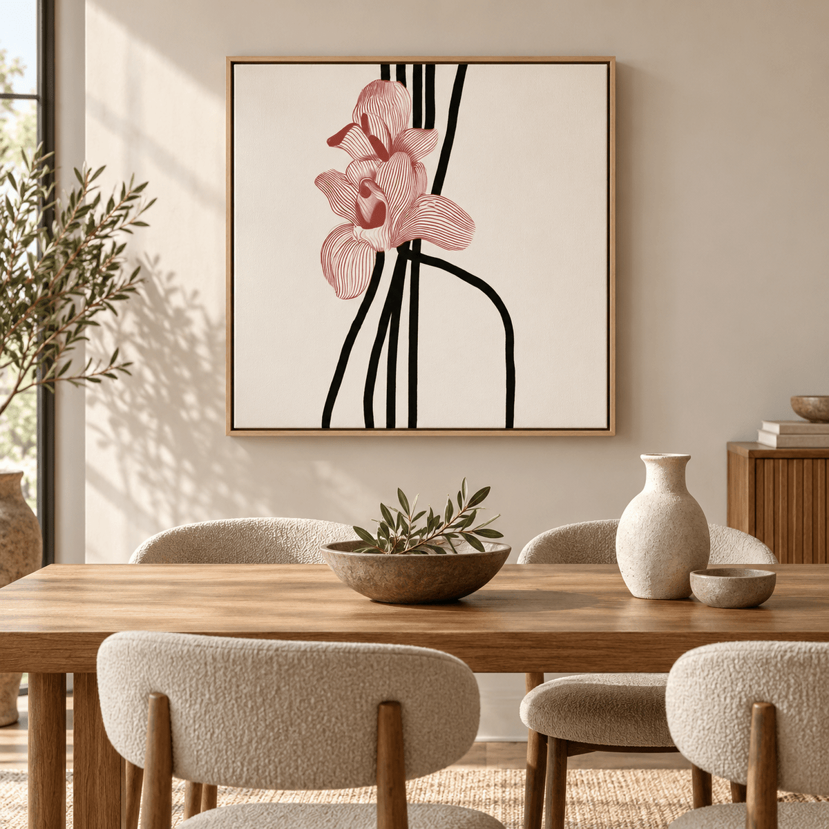 Crimson Orchid floral line art canvas print displayed above a dining table by Rossetti Art