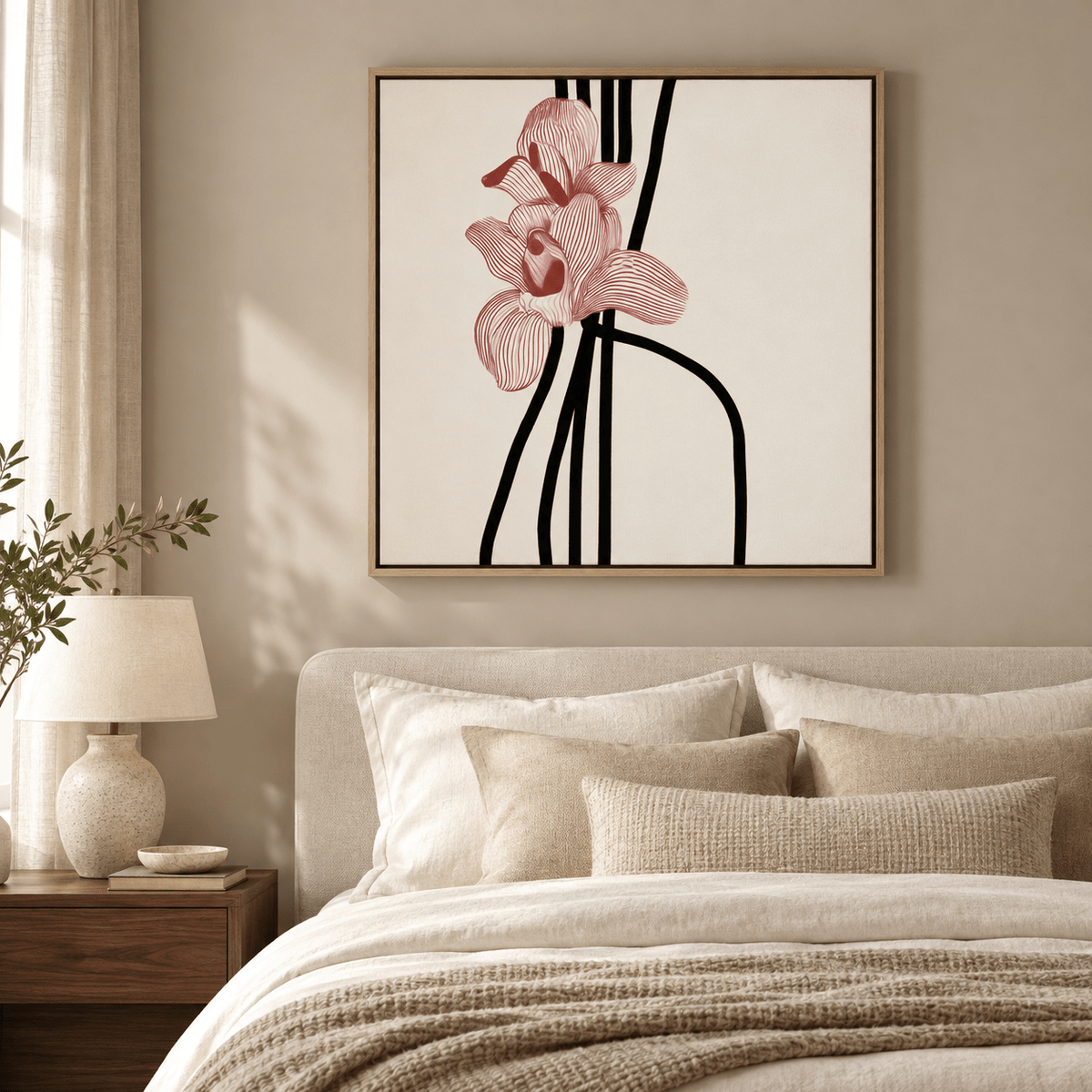 Crimson Orchid floral line art canvas print displayed in a bedroom by Rossetti Art