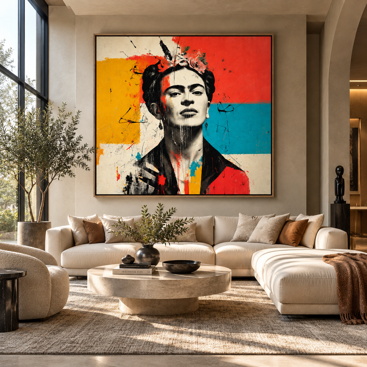 Frida Kahlo painting, pop art portrait above a cream sofa in a warm living room – Colour Riot by Rossetti Art