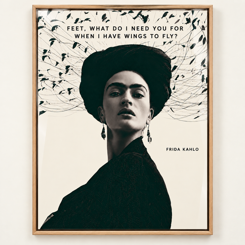 Frida Kahlo print, black-and-white acrylic print with a wings-to-fly quote by Rossetti Art