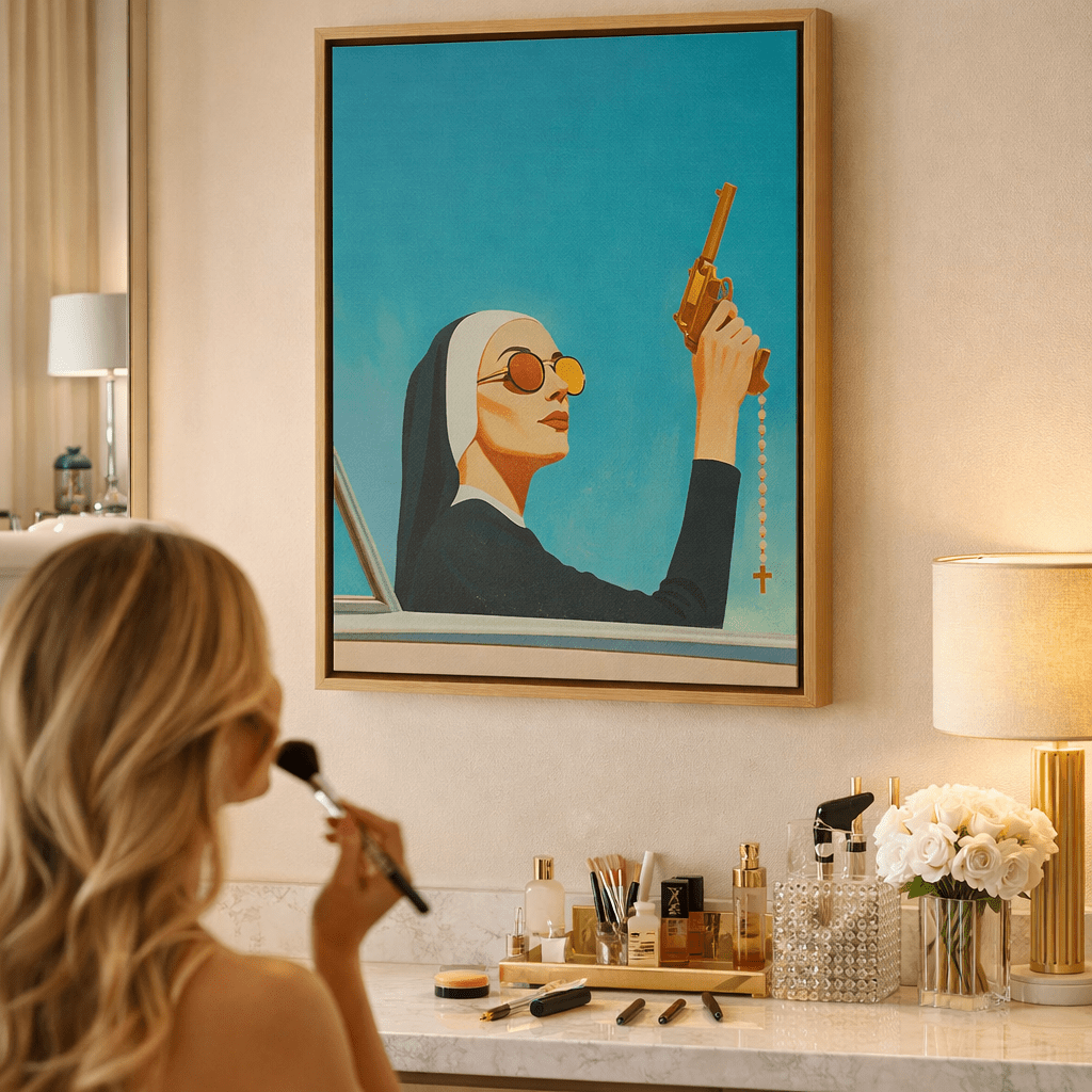 Funky Wall Art Canvas Print — Holy Outlaw Nun with Gun by Rossetti Art modern abstract canvas wall art by Rossetti Art – luxury interior design artwork for living room, bedroom, office – bold wall art canvas - print cinematic