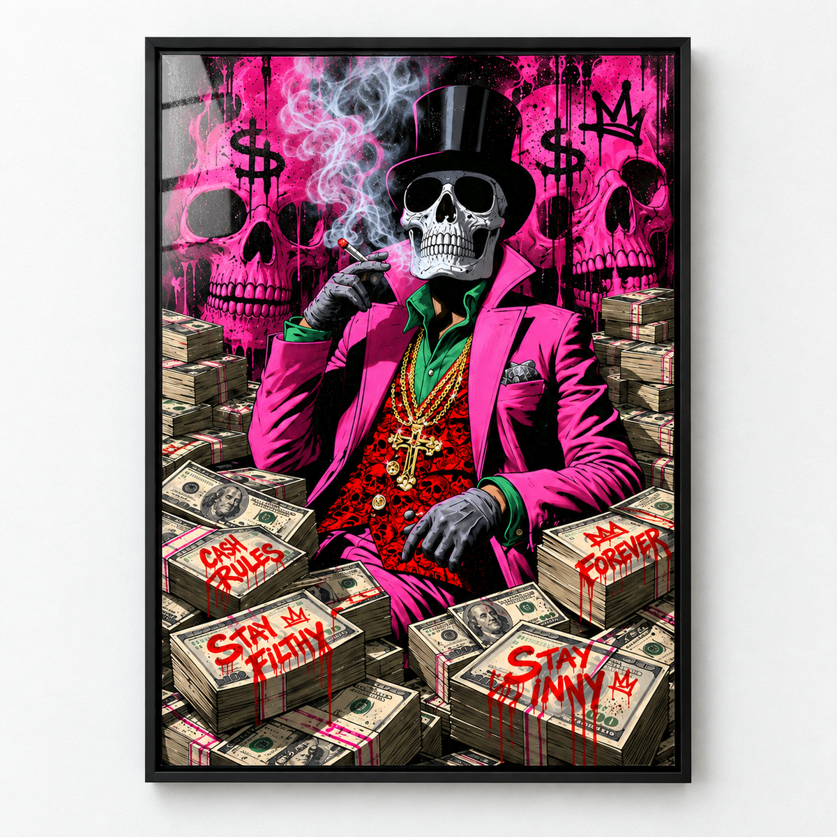 Gangster wall art – vertical pink and gold pop-art skull acrylic print styled in a modern interior by Rossetti Art