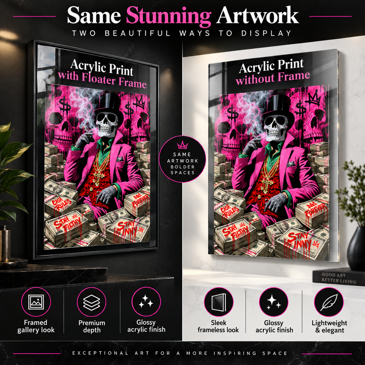 Gangster wall art – high-gloss pink skull pop-art acrylic print on a wall, room mockup by Rossetti Art