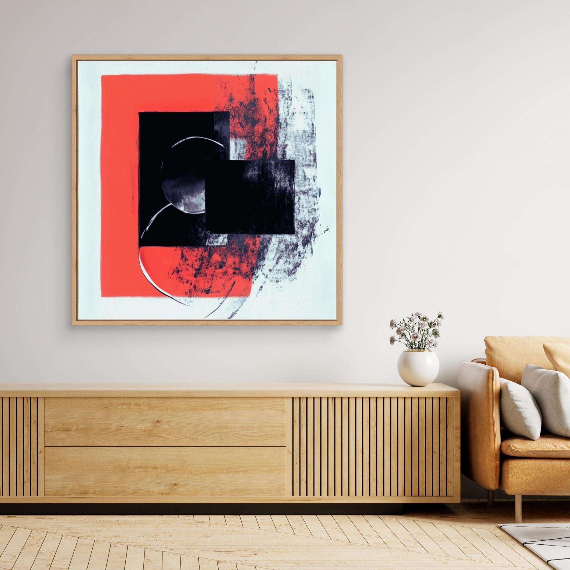 Crimson Echo - Modern Abstract Wall Art Print - Bold Black and Red Geometric Design on White Canvas - Contemporary Minimalist Art for Home Decor