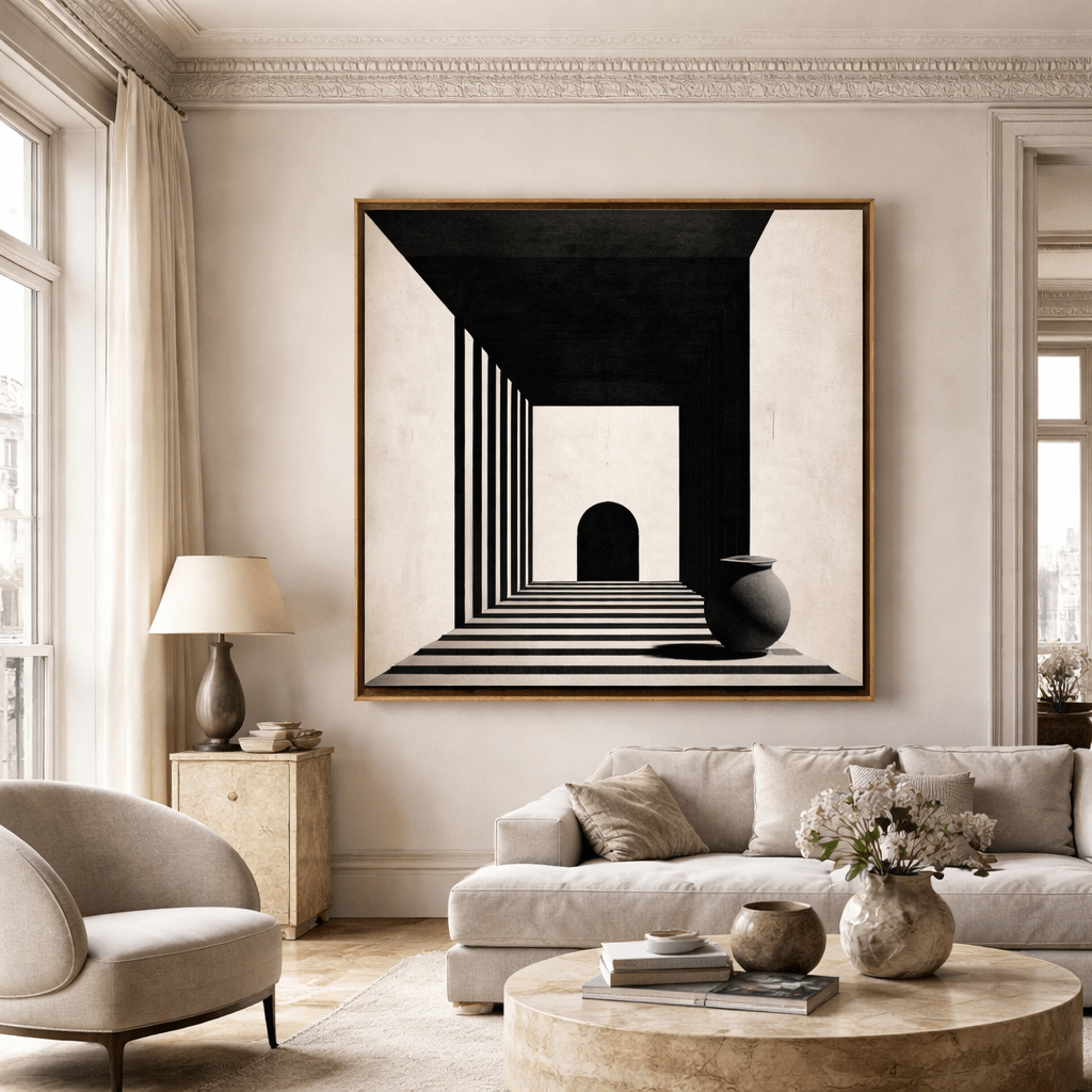Geometric Black and White Original Painting - Silent Passage on Linen Canvas