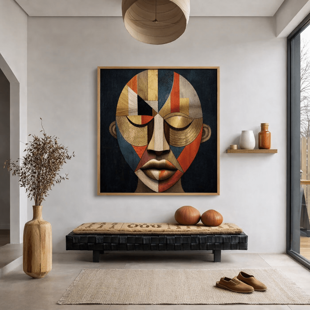Geometric Mask Portrait Canvas Print – Black Gold Red Cubist Wall Art, Framed Modern Luxury Decor | Rossetti Art modern abstract canvas wall art by Rossetti Art – luxury interior design artwork for living room, bedroom, office – canvas print art Chiara Rossetti figurative