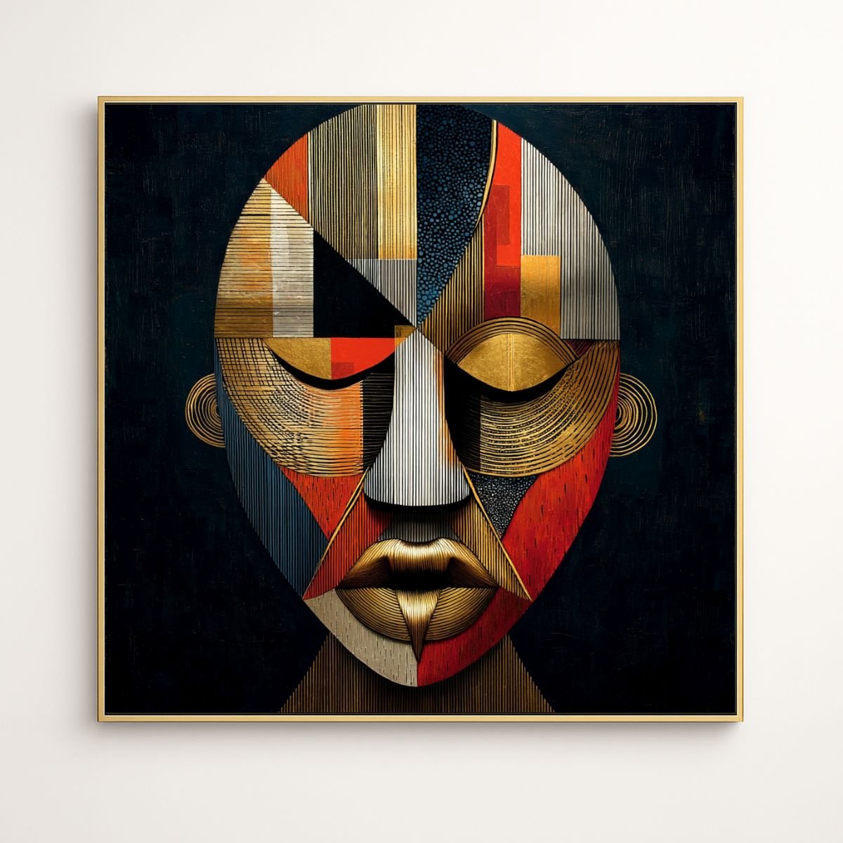 Geometric Mask Portrait Canvas Print – Black Gold Red Cubist Wall Art, Framed Modern Luxury Decor | Rossetti Art modern abstract canvas wall art by Rossetti Art – luxury interior design artwork for living room, bedroom, office – canvas print art Chiara Rossetti figurative