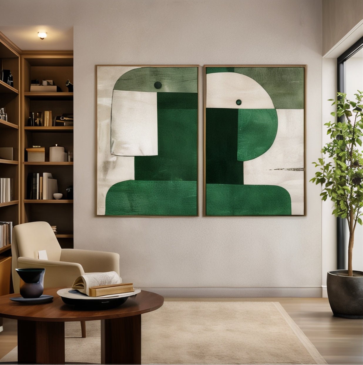 Geometric Wall Art Paintings Set of 2 - Green Quiet Forms