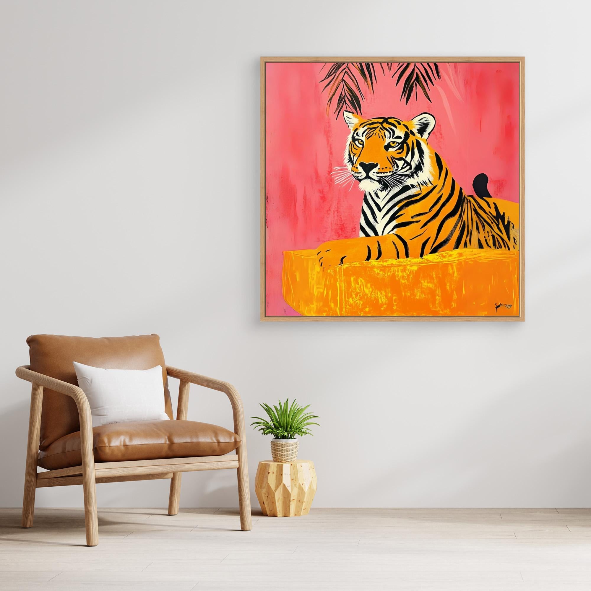 Majestic Tropics - Tiger Wall Art Print, Jungle Animal Painting with Tropical Pink Background, Vibrant Wildlife Decor, Modern Safari Wall Art