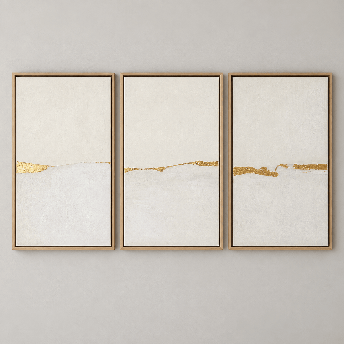 Gold Leaf Wall Art — Gilded Horizon triptych, clean product shot of all three oak-framed panels