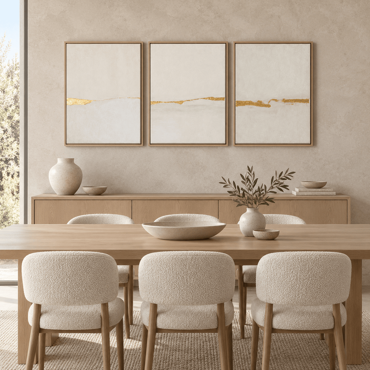Gold Leaf Wall Art — Gilded Horizon triptych hanging above a wood sideboard in a warm neutral dining room