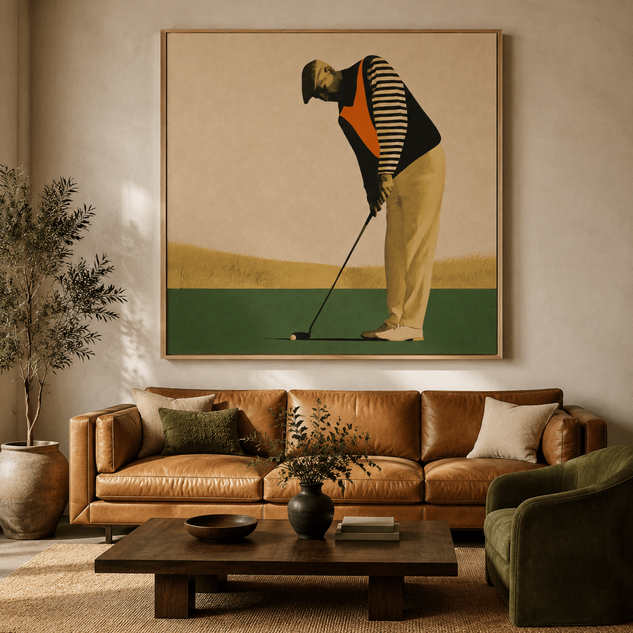 Golf wall art featuring a golfer mid-putt in retro illustration style – The Quiet Putt by Rossetti Art
