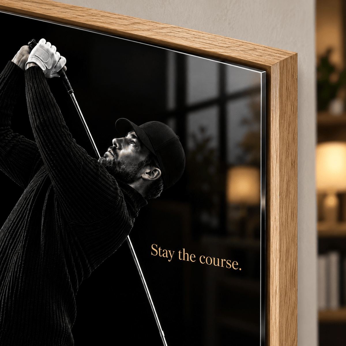 Close-up of golf wall decor – Stay the Course black golfer acrylic print with gold script in an oak frame by Rossetti Art
