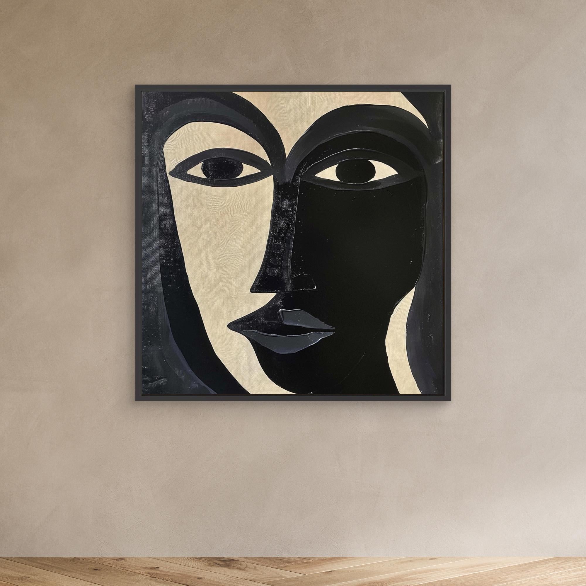 Divided Essence - Minimalist Black and White Abstract Face Art Print, Modern Portrait Wall Decor, Bold Contemporary Expressionist Artwork, Unique Canvas Design