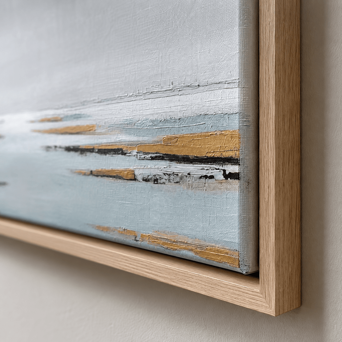 Close-up detail of gray and tan wall art canvas texture and oak floater frame corner – Low Water by Rossetti Art