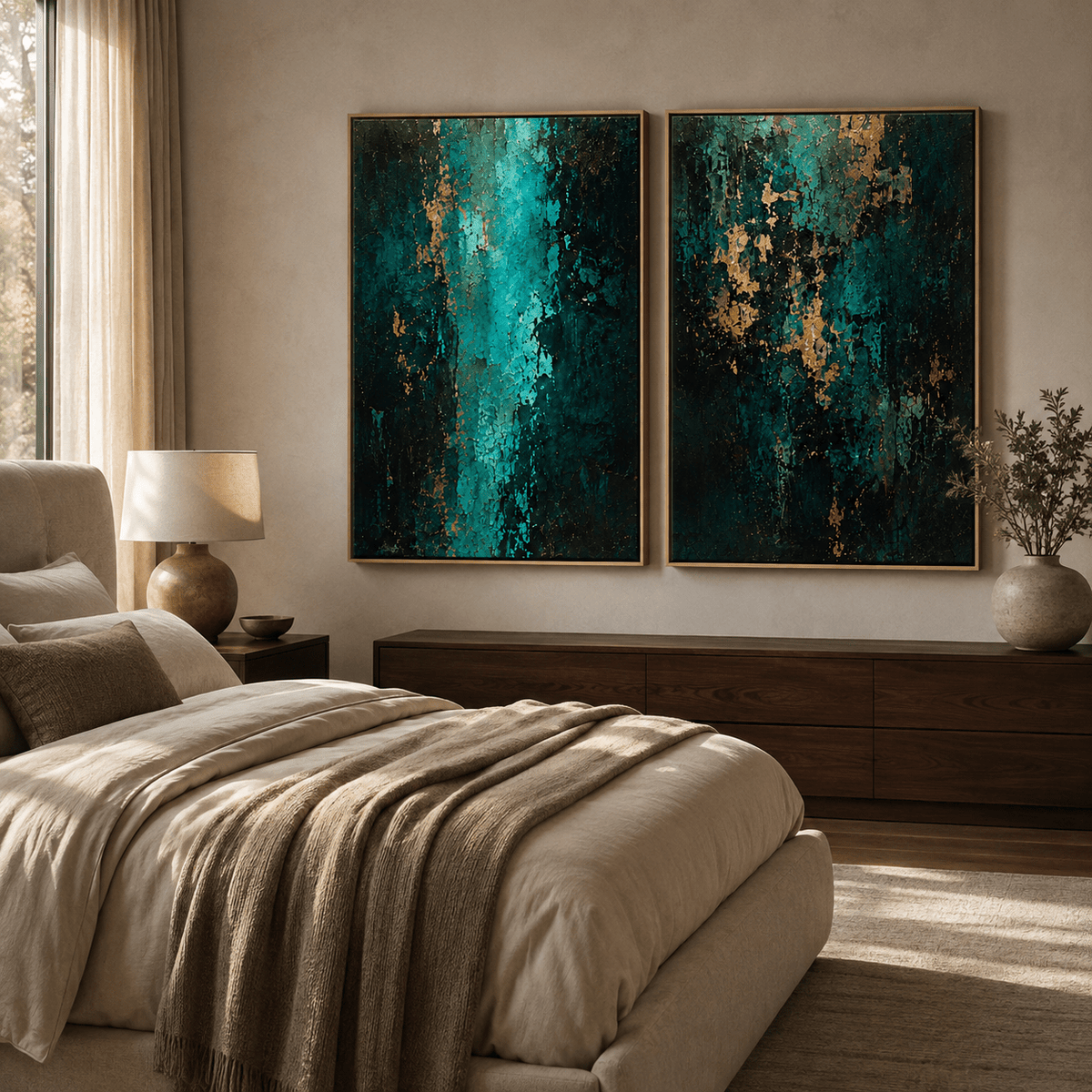 Green and gold wall art diptych above a dresser in a warm-toned bedroom – Twin Currents by Rossetti Art