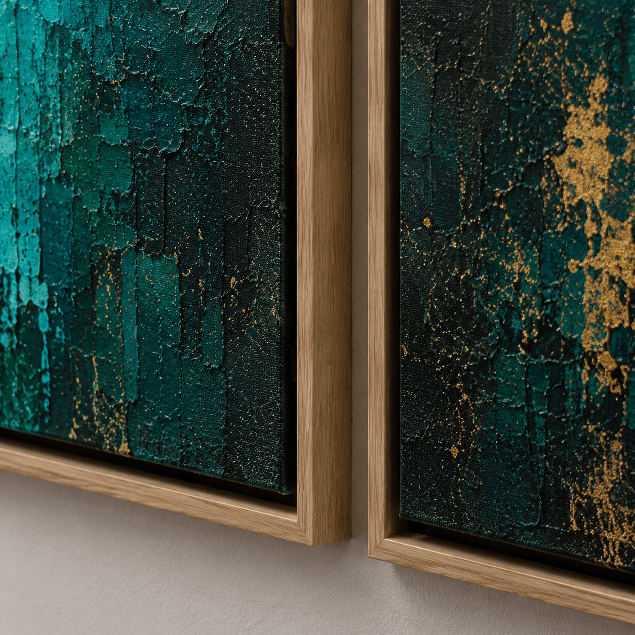 Close-up detail of palette-knife texture and metallic gold accents on the green and gold wall art set – Twin Currents by Rossetti Art