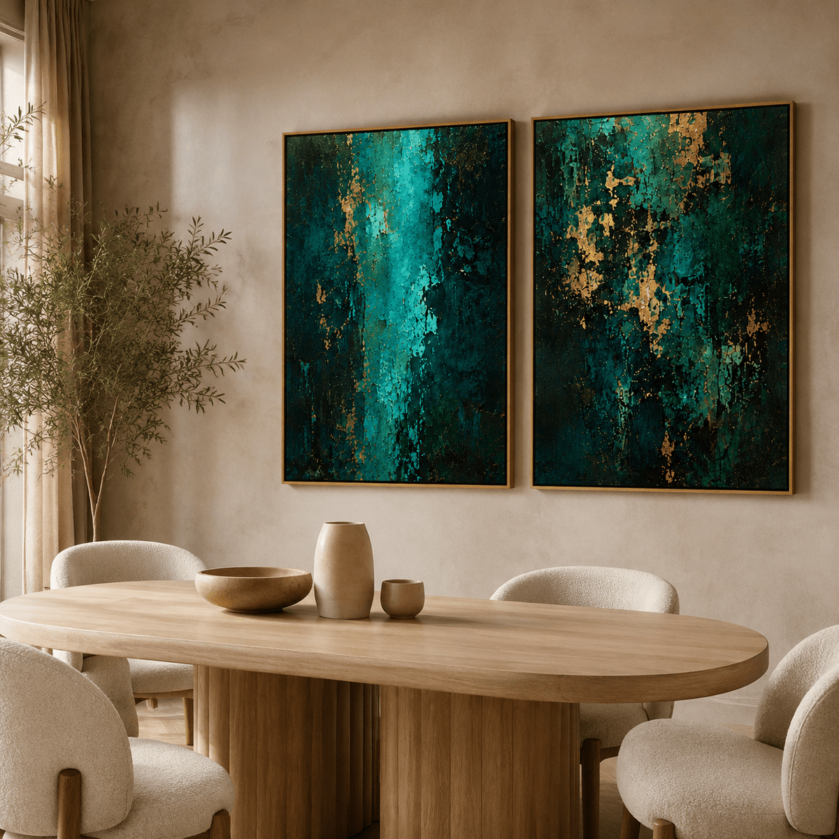 Green and gold wall art diptych displayed above a wooden dining table with upholstered chairs – Twin Currents by Rossetti Art