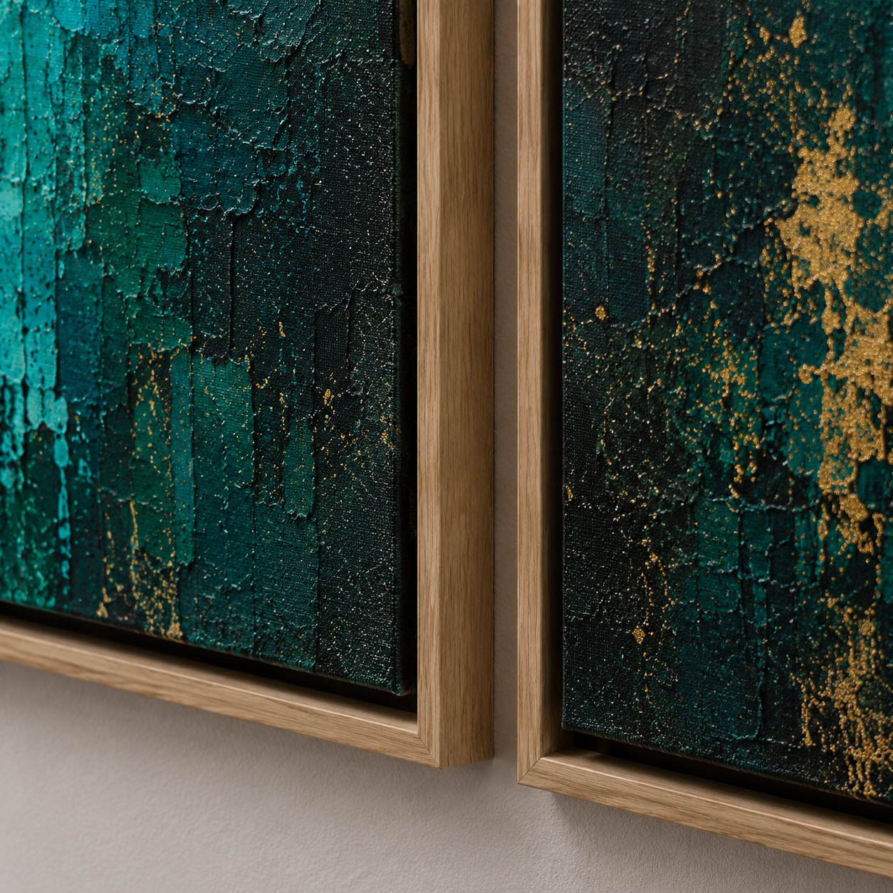 Close-up detail of palette-knife texture and metallic gold accents on the green and gold wall art set – Twin Currents by Rossetti Art